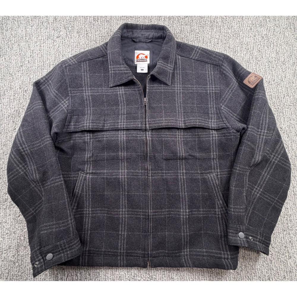 Sorel Wool Blend Full Zip Jacket Mens Large Grey Plaid Outdoor Workwear Coat